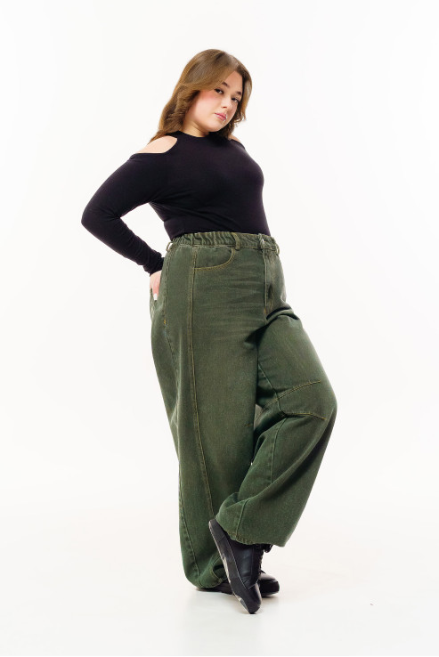 Джинси Baggy з вивареним ефектом темна олива